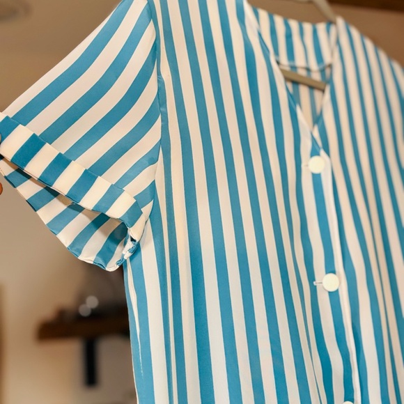 Vintage Handmade Blue White Striped Tunic Blouse Shirt Pockets - Picture 3 of 7